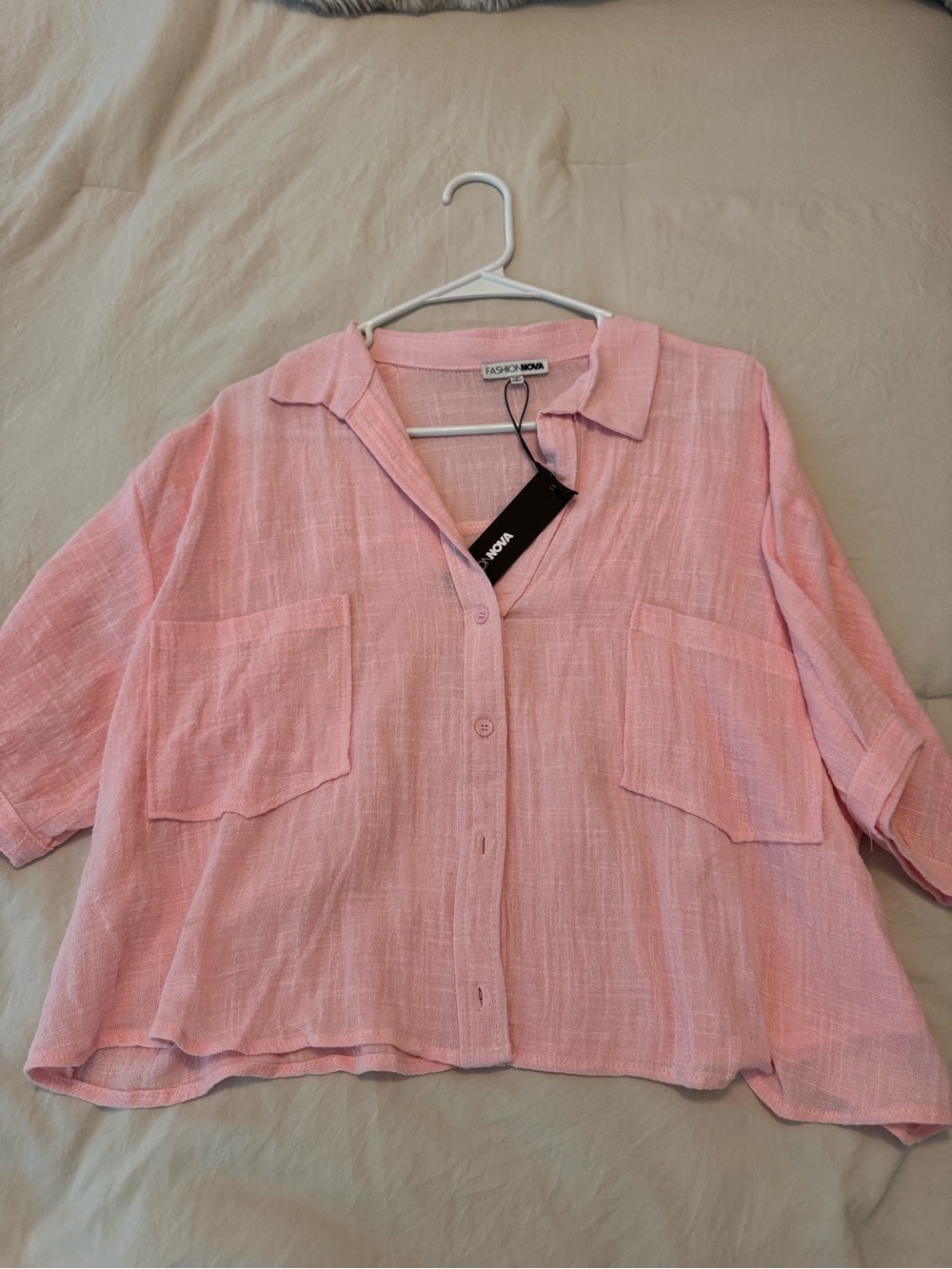 Fashion Nova Light Pink Button-Up Pocket Shirt